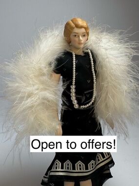 Avon Porcelain Lady Doll • Art Deco Flapper Style • Black Dress & Feather Boa